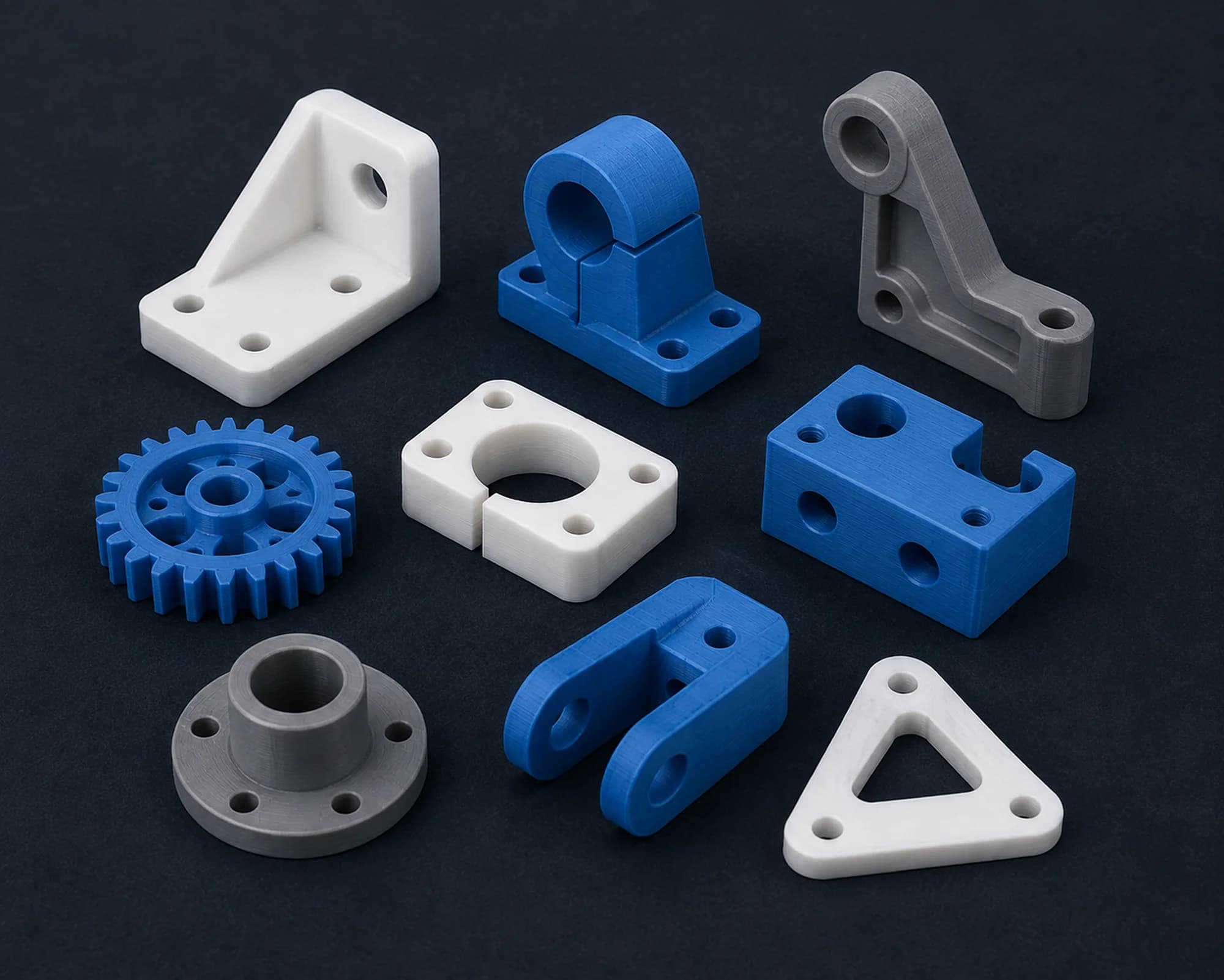 Amostras impressas em PLA, PETG, ABS, ASA, TPU e resina